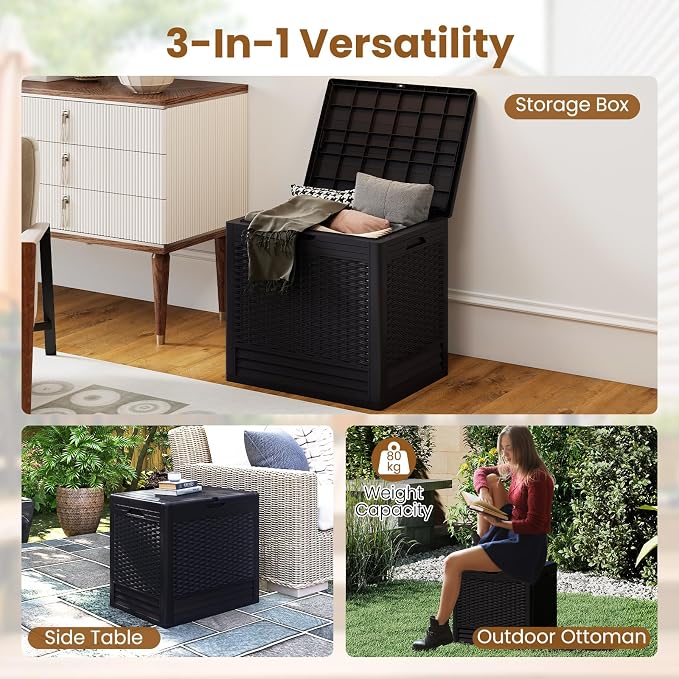 Tangkula 25 Gallon Waterproof Outdoor Storage Box with Lockable Lid | PP Resin, Wicker Patterned, Indoor Outdoor Use, Portable, Versatility, for Deck, Pool, Patio Cushions, Garden Tools