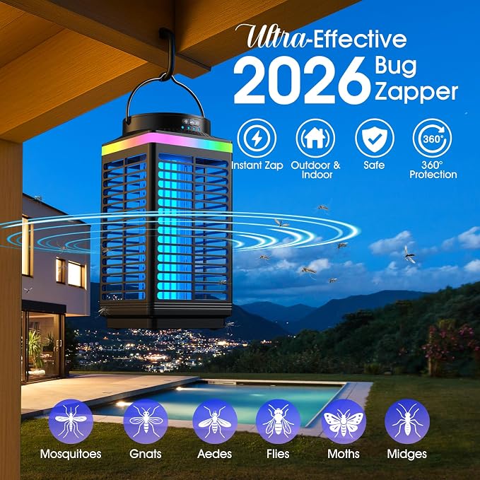 Bug Zapper Outdoor, 4-in-1 4200V Electric Mosquito Zapper, Rechargeable Bug Zapper Cordless Fly Zapper with 5000mAH Battery, Waterproof IP67, Wireless & Portable Insect Zapper for Patio Camping