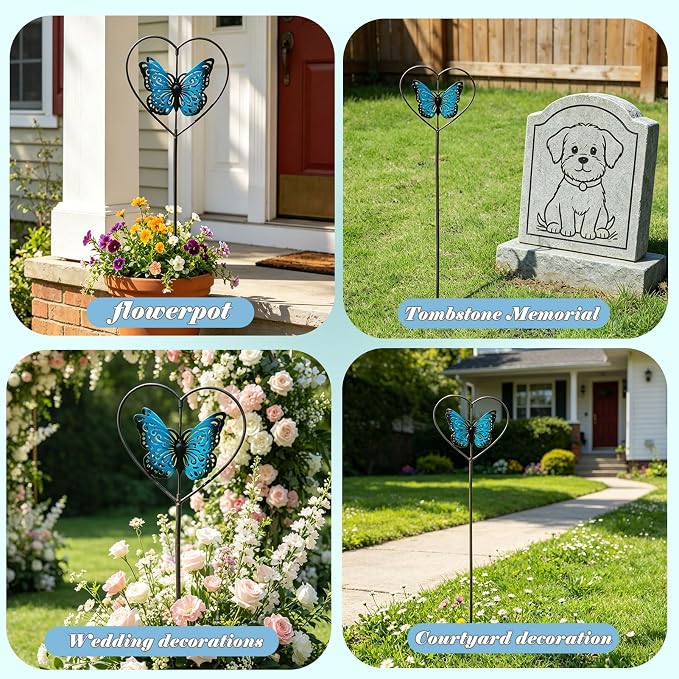 Decorative garden stakes,rotating butterfly garden stake,cemetery decor | vintage blue metal garden decor;perfect for flower pots, outdoor gardens, lawns and garden decor for outside