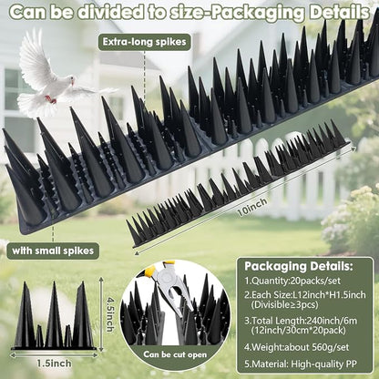 Plastic Bird Spikes Deterrent for Outside to Keep Birds Pigeon Squirrel Away from Porch Baffle Feeder Yard Patio, Fence Spikes 20pack 20Feet Bird nest blocke, Anti-Climb Spikes for Plant Garden