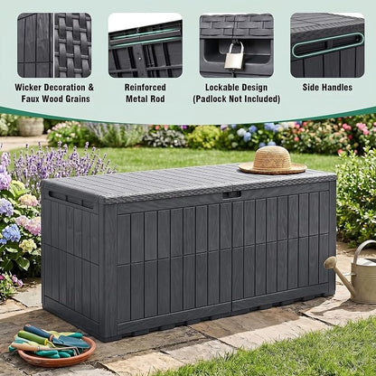 Tangkula 180 Gallon Outdoor Storage Box, Waterproof PP Resin Patio Storage Box with Lockable Lid for Indoor & Outdoor Use, 2-in-1 Rattan Design Deck Box for Cushions, Garden Tools