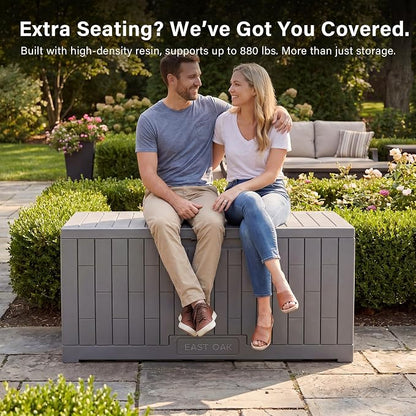 EAST OAK Outdoor Storage Box, 100 Gallon Deck Box, Waterproof Resin Storage Bench for Patio Cushions, Gardening Tools, Pool Toys, Lockable, UV Resistant, Grey