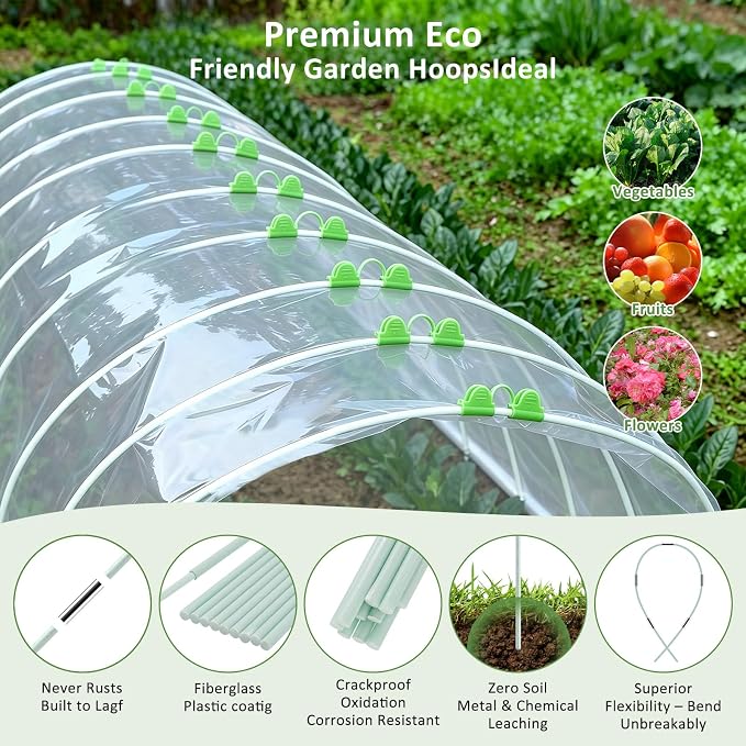 60Pcs Greenhouse Hoops for Raised Beds, Rust-Free Fiberglass | Garden Hoops Grow Tunnel Wide, 8FT Heavy Duty Plant Support Hoops with Flush Connectors & 24pcs Clips for Netting Row Cover