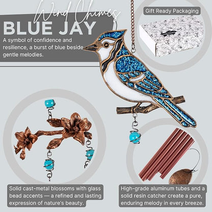 Wind Chimes - Wind Chimes for Outside Deep Tone 32 inches 5 Aluminum Tubes, Birthday, Memorial, Gifts for Mom, Grandma, Daughter, Decoration for Home, Garden, Patio, Backyard (32" Bluejay)