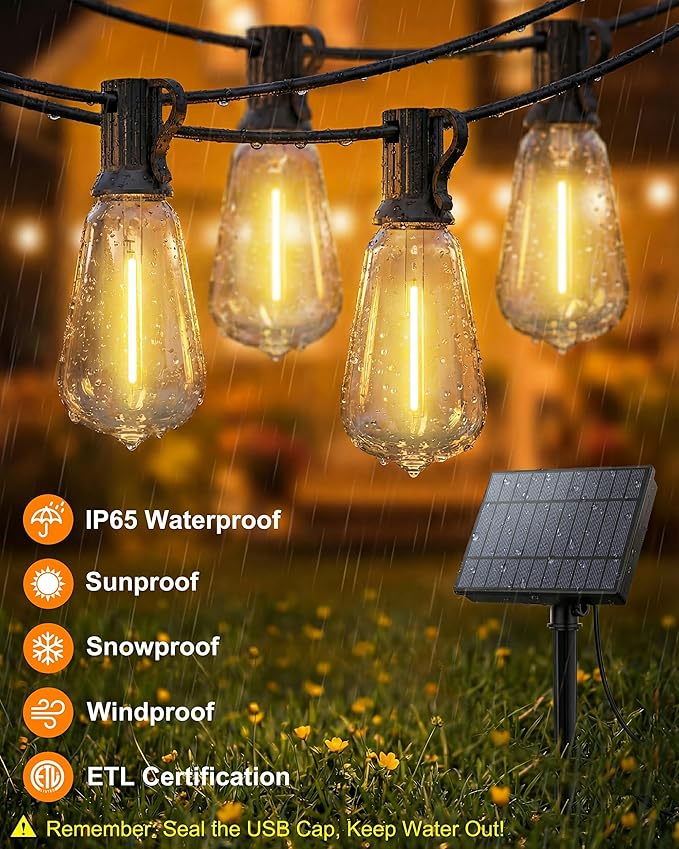 Solar String Lights Outdoor, 54FT(24+1) Patio Lights Waterproof with Remote & USB Port, Dimmable & Timer & 3 Light Modes, ST38 LED Solar Lights for Camping, Backyard, Deck, Garden (2700K)