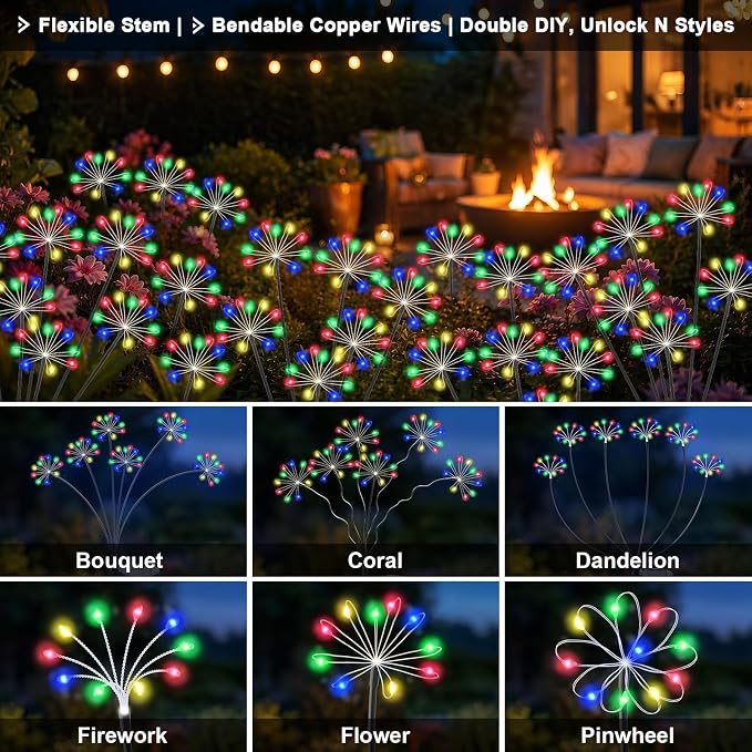 Solar Garden Lights Outdoor, Upgraded Solar Swaying Starburst Light Waterproof with 2 Modes, Solar Fairy Firework Lights for Yard Patio Pathway Flowerbed Balcony Garden Decoration (Multicolor, 2 Pack)
