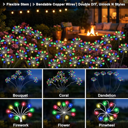 Solar Garden Lights Outdoor, Upgraded Solar Swaying Starburst Light Waterproof with 2 Modes, Solar Fairy Firework Lights for Yard Patio Pathway Flowerbed Balcony Garden Decoration (Multicolor, 4 Pack)