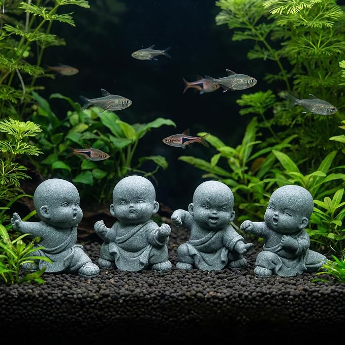 4pcs Mini Buddha Statue, Small Aquarium Decoration, Feng Shui Zen Monk Sandstone Sculpture, Cute Fish Tank Ornament for Home Garden