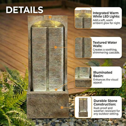 39" Outdoor Water Fountain with Pump, Outdoor Fountain with Warm White LED Lights, Modern Outdoor Cascading Freestanding Fountain, Weather-Resistant Garden Water Feature, Brown