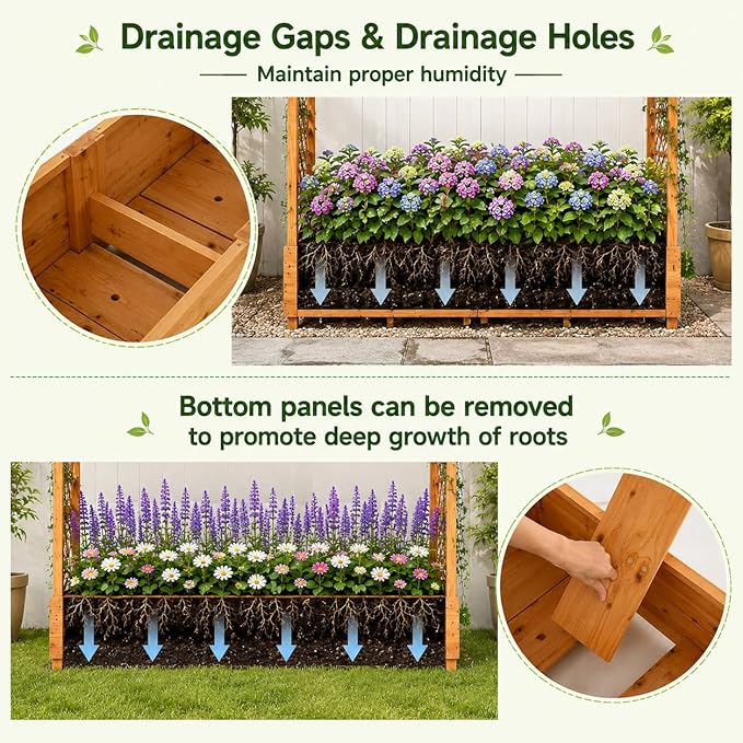 Giantex Raised Garden Bed with Trellis & Hanging Roof, 77" Wooden Elevated Planter Box w/Drainage Holes, Freestanding Garden Planter for Climbing Plants Vegetable Herb Flower, Patio Backyard Garden