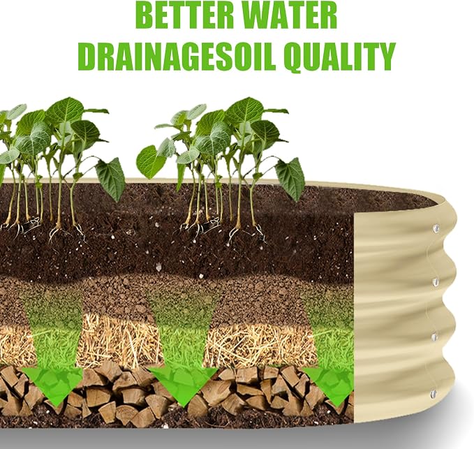 Land Guard 8×2×1ft Galvanized Raised Garden Bed Kit, 108 Gallon Capacity Raised Garden Boxes Outdoor, Oval Metal Raised Garden Beds for Vegetables, Cream Yellow(with 10 Connecting rods)
