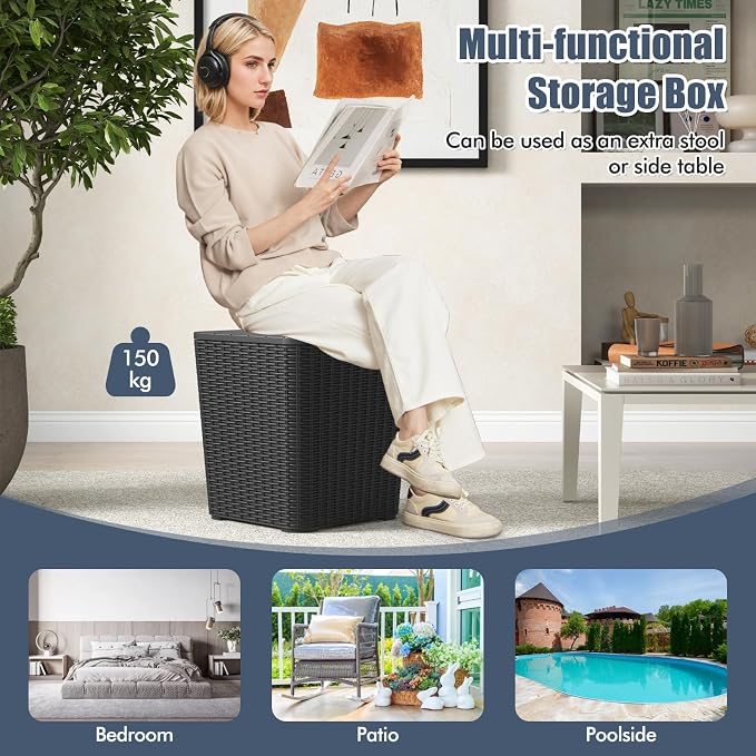 Tangkula 11.5 Gallon Water-proof Deck Box, Outdoor Patio Storage Box w/Removable Lid &, Faux Rattan Storage Container Side Table, All Weather Patio Furniture Extra Seat for Poolside (Black)
