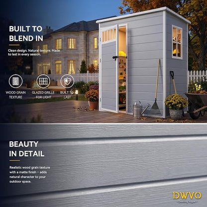DWVO 5x3FT Outdoor Storage Shed with Fence-Style and Side Windows, Floor & Lockable Doors, Resin Storage Shed for Backyard and Garden, Gray