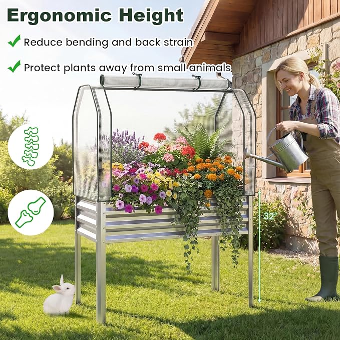 Giantex Raised Garden Bed with Legs & Greenhouse Cover, 44x22x60 Elevated Metal Planter Box with Roll-up Door, Outdoor Mini Greenhouse for Vegetable Flower Herb Patio Balcony (Silver,2)