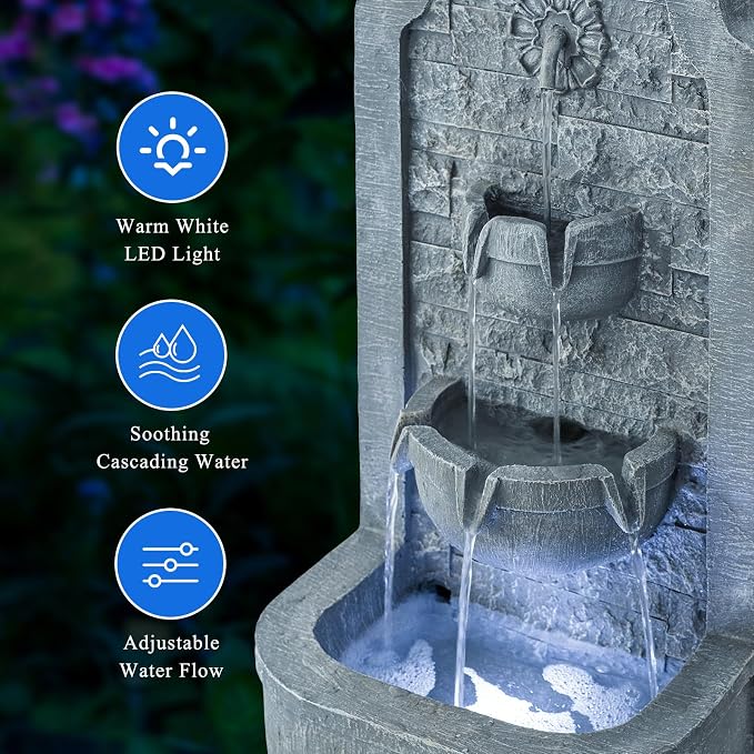 30.3" H Floor Standing Indoor Waterfall Fountain with LED Lights, Outdoor Water Fountain, Water Feature for Patio, Garden, Backyard, Porch, Home Decor