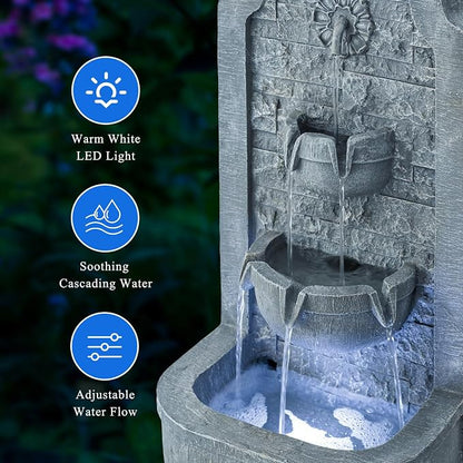 30.3" H Floor Standing Indoor Waterfall Fountain with LED Lights, Outdoor Water Fountain, Water Feature for Patio, Garden, Backyard, Porch, Home Decor