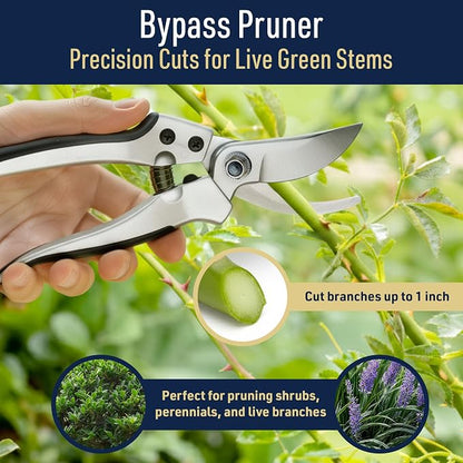 Pruning Shears for Gardening 2-Pack - 7.87” Bypass Pruners and 7.67” Straight Garden Scissors with Carbon Steel Blades and Leather Sheath - Handheld Plant Clippers and Snips by Kings County Tools