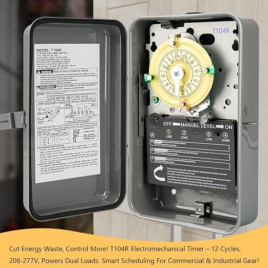 T104R Pool Timer Replacement, 24-Hour Mechanical Timer Switch for Pool Pump | 208-277V 40A DPST Mechanical pool timers, in a Type 3R outdoor metal box - 24-hour timers for Pump Lights HVAC Systems