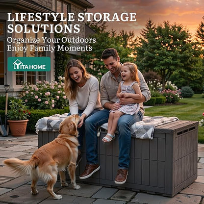 YITAHOME XXL 240 Gallon Extra Large Deck Box | Waterproof Resin Outdoor Storage Box with Lock and 3-Person Bench Seating for Patio Furniture Cushions,Garden Tools & Pool
