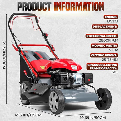 Lawn Mower Gas Powered, Gas Mower with 60l Grass Bag Big Wheels, 173cc Gas Engine 3 in 1 Mulching, Bagging & Side Discharge Self Propelled Walk-Behind Push Mower for Hills 2800RPM (Upgraded 02)