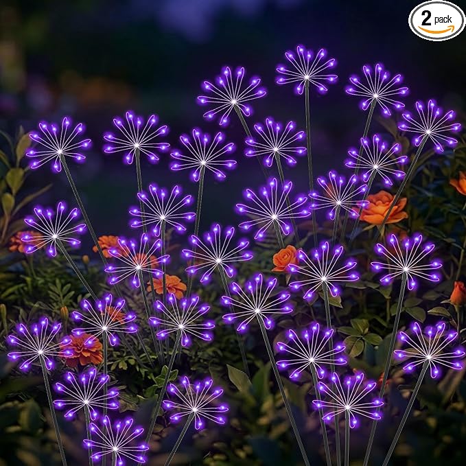 Solar Garden Lights Outdoor, Upgraded Solar Swaying Starburst Light Waterproof with 2 Modes, Solar Fairy Firework Lights for Yard Patio Pathway Flowerbed Balcony Garden Decoration (Purple, 2 Pack)
