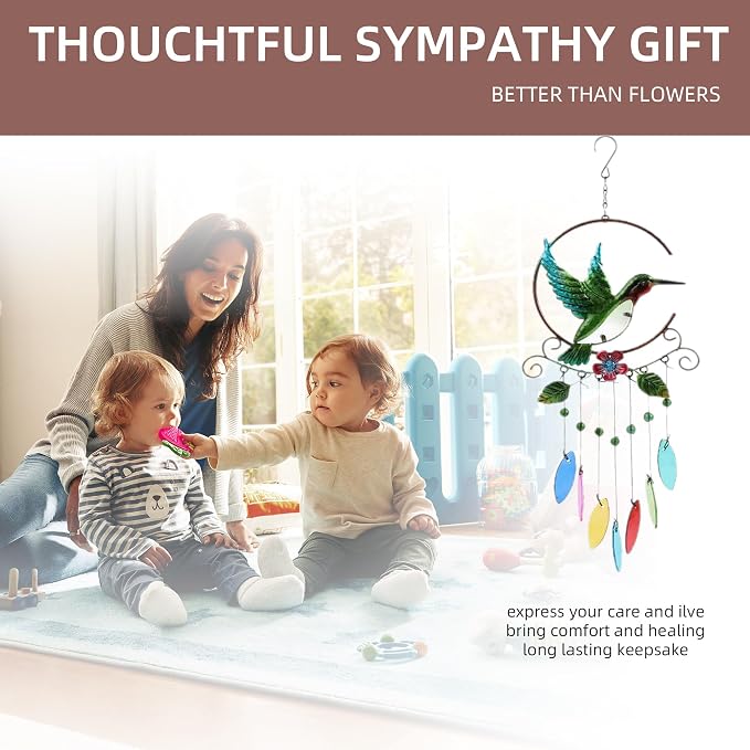 Wind Chimes Hummingbird, Garden Glass Colorful Wind Chimes for Home, Party, Festival Decor, Garden Decoration Indoor/Outdoor, Lifelike Hummingbird Bell Deep Tone Style