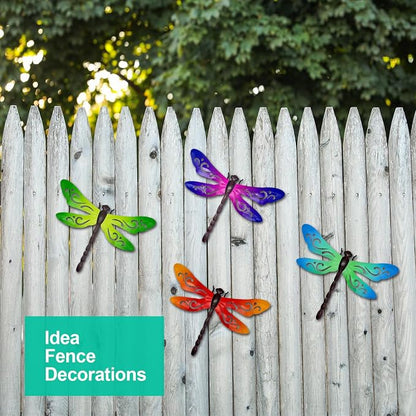 Metal Dragonfly Wall Decor, 4 Pcs Metal Dragonflies Wall Art Hanging Sculptures Decorations for Outdoor Fence Garden Yard Patio Exterior Decor