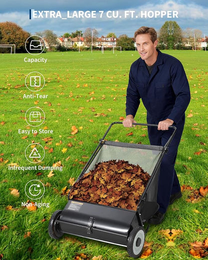 GarveeLife 26 Inch Push Lawn Sweeper with 4 Spinning Brushes, 7 Cu.ft Large Capacity Leaf Collector, Adjustable Height Grass Sweeper, All Terrain Lawn Leaf Debris Removal Tool for Yard Garden Patio
