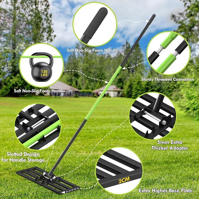 Seeutek Lawn Leveling Rake, 35” x 10” Ground Leveler | with 6.5FT Alloy Steel Handle Rakes for Lawns, 0-180° Adjustable Ground Leveler Tool for Yard, Level Soil Sand Dirt Surfaces