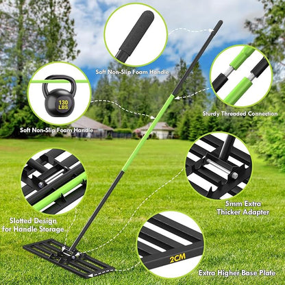 Seeutek Lawn Leveling Rake, 35” x 10” Ground Leveler | with 6.5FT Alloy Steel Handle Rakes for Lawns, 0-180° Adjustable Ground Leveler Tool for Yard, Level Soil Sand Dirt Surfaces