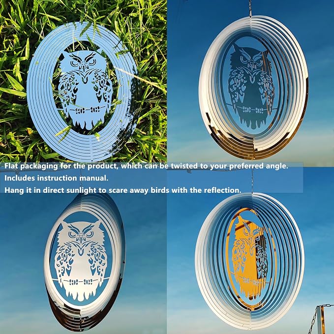 2pcs Owl Scarecrow Bird Scare Devices to Keep Woodpecker, Pigeons,Crow,Sparrow Away from House,Patio,Backyard,Bird Deterrents for Outside,Reflective Stainless Steel Wind Spinners Outdoor Garden Décor