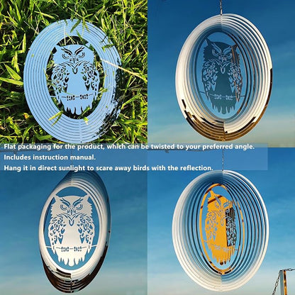 2pcs Owl Scarecrow Bird Scare Devices to Keep Woodpecker, Pigeons,Crow,Sparrow Away from House,Patio,Backyard,Bird Deterrents for Outside,Reflective Stainless Steel Wind Spinners Outdoor Garden Décor