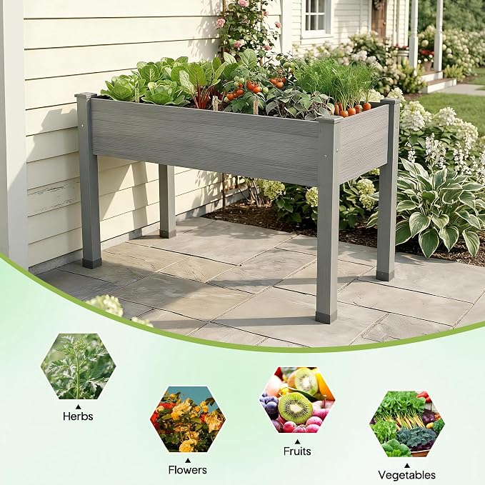 SPECRAFT 48 x 24 x 30 Inches Raised Garden Bed with Legs, 5 Cu Ft Wooden Planter Box with Drainage Holes & Liner, Outdoor Raised Garden Beds for Patio Backyard Gardening, Gray