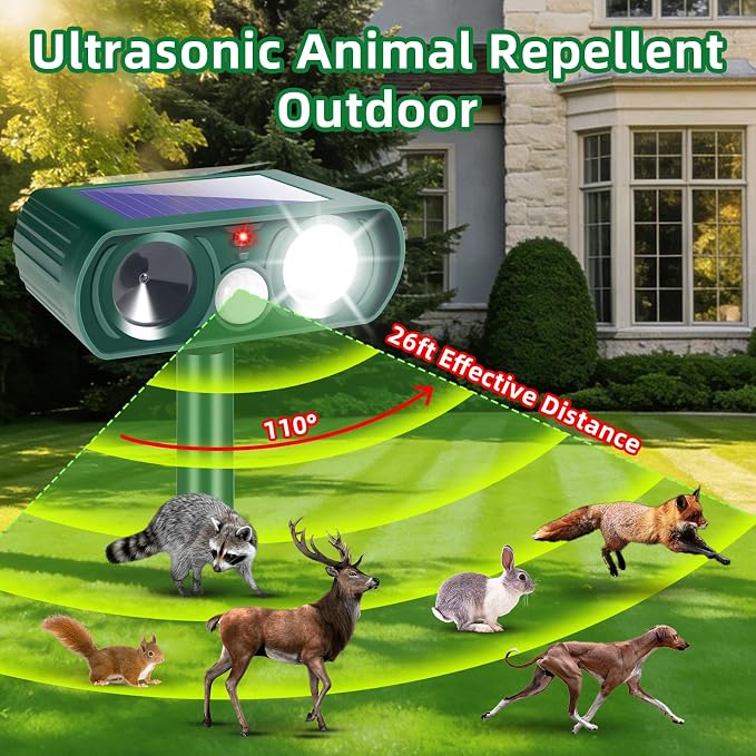 2026 Sonic Fortress Pro Deer Repellent Devices,2 Pcs Solar Animal Repellent Ultrasonic Outdoor for Squirrel Rabbit Skunk Racoon Cat Strobe Light,IP65 Waterproof Motion Sensor Animal Repeller for Yard