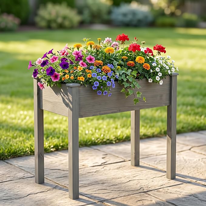 Raised Garden Bed Outdoor Planter Box with Legs - 34x18x30 Inch Cedar Wooden Elevated Planter Box with Non-Woven Liner & Drainage Holes for Vegetables Flowers Herbs (Gray, 34 x 18 x 30)