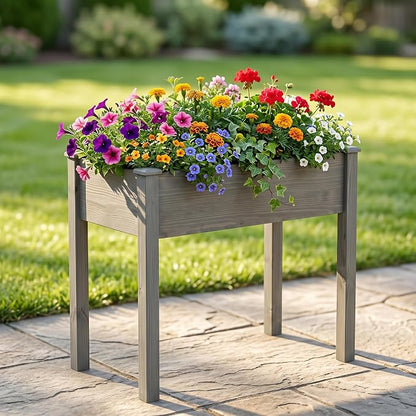 Raised Garden Bed Outdoor Planter Box with Legs - 34x18x30 Inch Cedar Wooden Elevated Planter Box with Non-Woven Liner & Drainage Holes for Vegetables Flowers Herbs (Gray, 34 x 18 x 30)