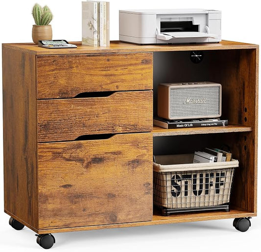 DUMOS Wood File Cabinet with 3 Drawers, Rolling Printer Stand | Under Desk Storage Organizer Home Office Space with Shelves for Files and Office Supplies, Rust