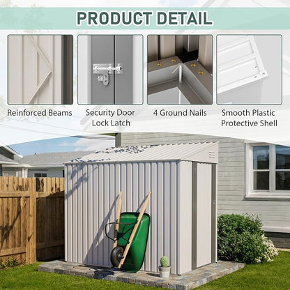 YOPTO 4x7 FT Outdoor Storage Shed,Metal Lean to Storage Shed with Reinforced Beams,All Weather Waterproof Garden Tool House W/Lockable Door and Reversible Installation,for Backyard,Patio,Lawn,White