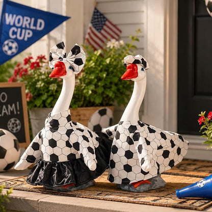 20" Large Porch Goose Statue + 2 Set Soccer Goose Outfits, Outdoor Statue, Football Match Decorations, Weather Resistant Yard Decor for World Cup Game Day Decor, Soccer Fan Gift