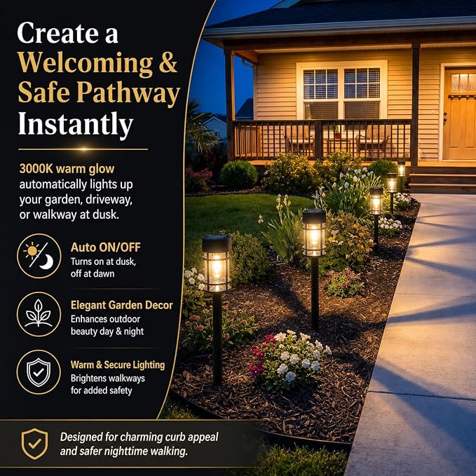 ILANCK 12 Pack Solar Lights Outdoor Parhway, Metal & Glass Large Solar Pathway Lights, Solar Powered Garden Lights for Yard, Landscape, Driveway Walkway