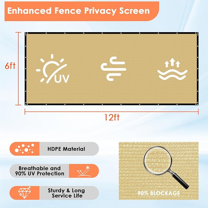 i COVER 6x12ft Privacy Screen Fence, Outdoor Fencing Panels, Garden Windscreen Mesh Shade Sail Net Barrier, Fence Privacy Screen Reinforced Bindings and Brass Grommets Cable Zip Ties, Sand