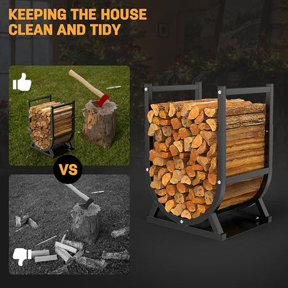 Firewood Rack, Outdoor/Indoor Firewood Adjustable Height Storage, Thickened Metal Fireplace Log Rack, Adjustable Height 18.39''-23.03'', Black