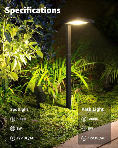 SUNVIE All-in-ONE Landscape Lighting Kit 6-Pack Anti-glare LED Pathway Lights, 2-Pack Spotlights, 60W Transformer, 100FT 16/2 AWG Wire and Connectors Outdoor Landscape Lighting for Walkway Garden Yard