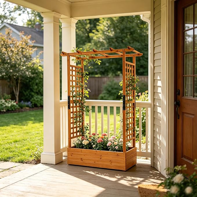 Raised Garden Bed Wooden Patio Planter with Trellis Outdoor Climbing Cucumber Box Pots Tomato Flower Vegetable Herb Porch, Tall Hanging Roof, Orange, 42.51" L x 17.32" W x 67" H