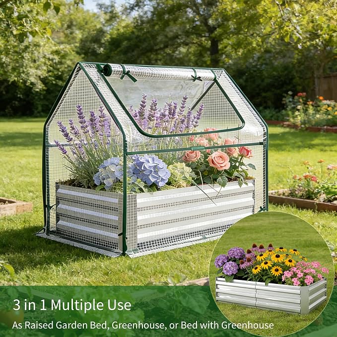Miory Raised Garden Bed with PE Cover, 4x2.5x1 FT Galvanized Planter Box Outdoor with Mini Greenhouse, 2 Zippered Windows for Vegetables, Flowers, Includes Plant Labels & Gloves