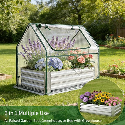 Miory Raised Garden Bed with PE Cover, 4x2.5x1 FT Galvanized Planter Box Outdoor with Mini Greenhouse, 2 Zippered Windows for Vegetables, Flowers, Includes Plant Labels & Gloves