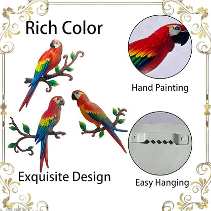 Limygus 3 Pack Colorful Tropical Metal Parrot Wall Art, Indoor Outdoor Hanging Decor for Garden Yard Balcony Bedroom