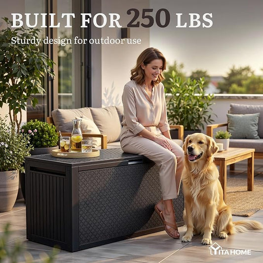 YITAHOME 95 Gallon Outdoor Storage Deck Box | Waterproof Resin Deck Box w/Handles, Lockable Outdside Deck Box for Patio Furniture, Garden Tools, Lockable & UV