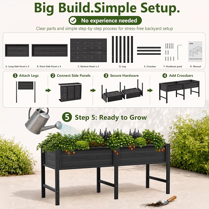YEFU 72" Large Raised Garden Bed, Wood-Look HIPS 6ft Extra Large Bed, Black | Extra Large Garden Bed for Backyard Growing, 6ft Design, Wood-Look HIPS, Drainage, 770 lbs High Capacity Support