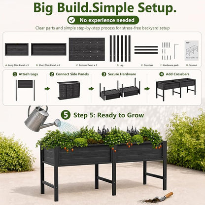 YEFU 72" Large Raised Garden Bed, Wood-Look HIPS 6ft Extra Large Bed, Black | Extra Large Garden Bed for Backyard Growing, 6ft Design, Wood-Look HIPS, Drainage, 770 lbs High Capacity Support